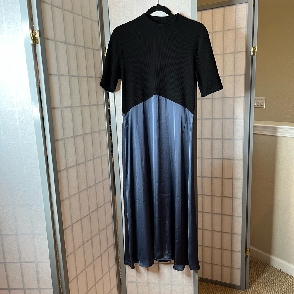 Zara Maxi dress with black ribbed mock turtleneck top and silky blue skirt